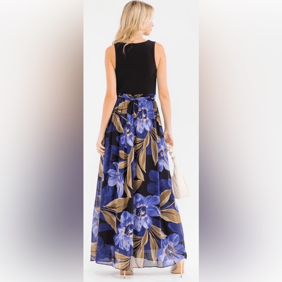 NWT HYFVE Floral Maxi Dress Sleeveless Wrap Bodice Blue Floral Tie Waist Maxi - Picture 3 of 4